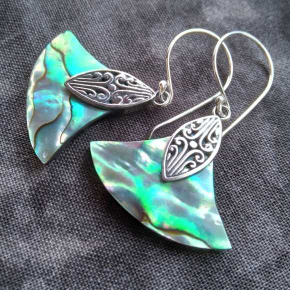 Abalone Shell Fan Earrings in Artisan Sterling Silver. - Picture 1 of 5